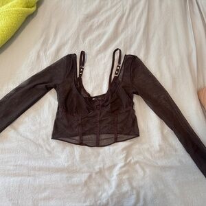 Sheer brown mesh bodysuit with long sleeves